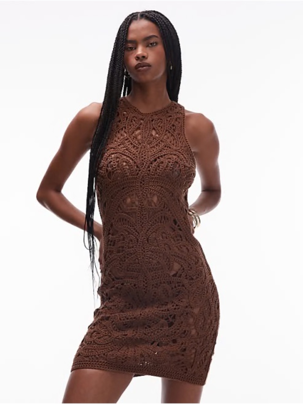 NWT ASOS Topshop Brown Crocheted Sleeveless Mini Dress